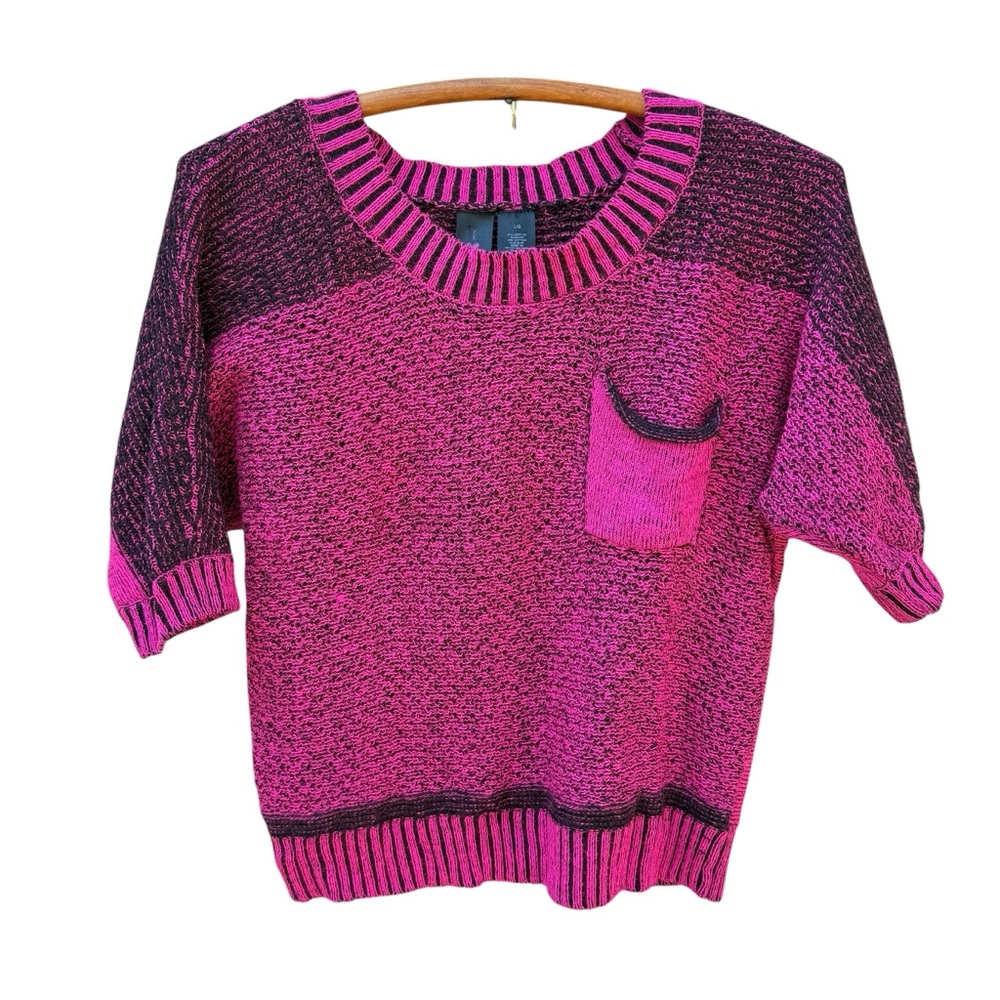 Boy Meets Girl Fuchsia Short-Sleeve Knit Sweater with Pocket Detail, Size L